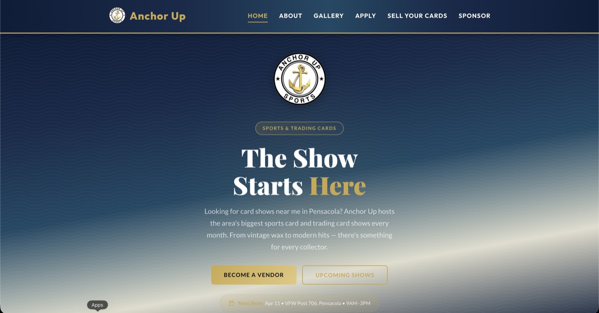 Anchor Up Card Shows homepage screenshot
